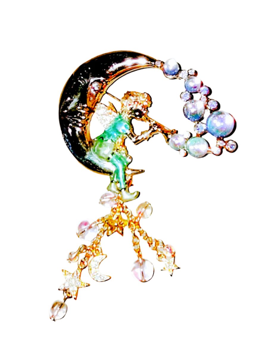 Vintage Kirks Folly Pipedream Fairy Moon Bubbles Charm Rhinestone Pin Brooch