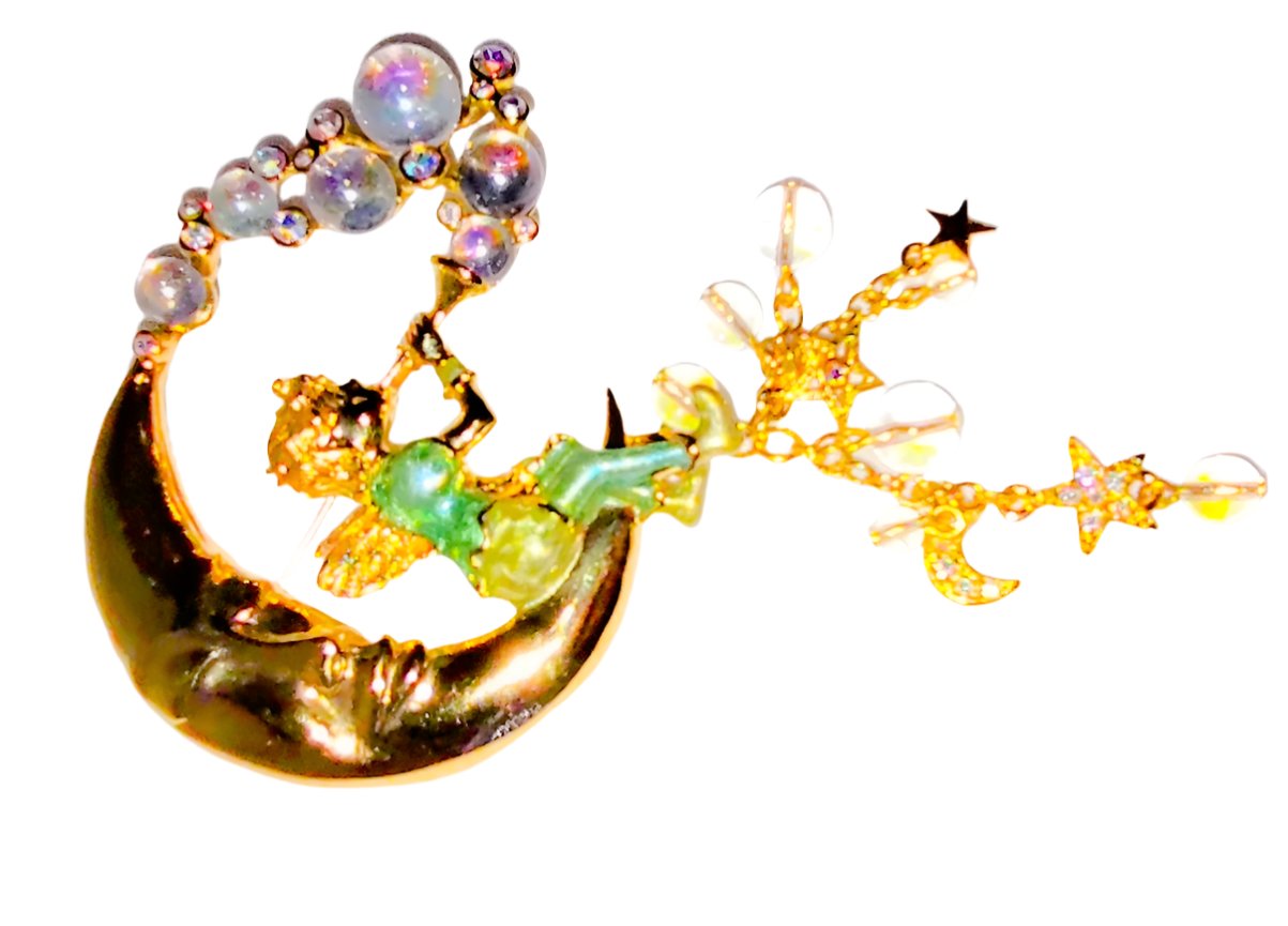 Vintage Kirks Folly Pipedream Fairy Moon Bubbles Charm Rhinestone Pin Brooch