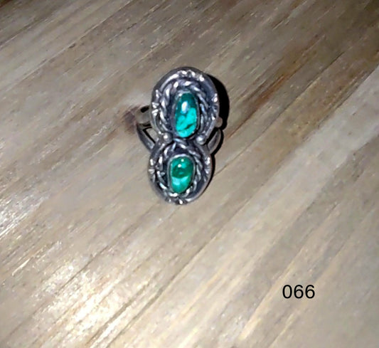 Handcrafted Native American Sterling Silver Ring with Double Green Turquoise Stones sz.6