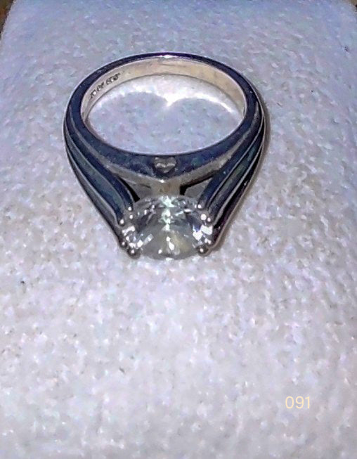 Sz6 .925 Sterling Silver Ring with Large Clear CZ Gem and  Heart on Bridge of Setting