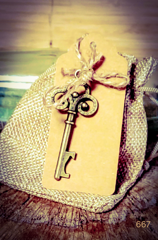 Vintage style Skeleton Key "bottle opener" with a rustic burlap favors bag /Blank favor card ~ Gift Tag For Personalization.